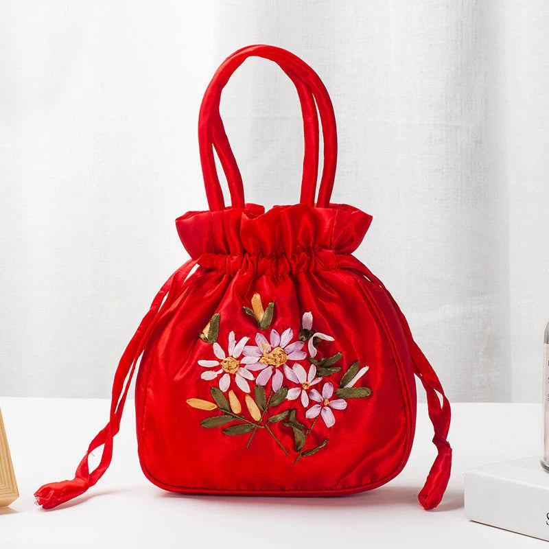 Bolsos Retro Bordados con Cordón Bolsas de Almacenamiento Carteras Monederos Tarjeteros Bolsos de Hombro Tipo Cubo Bolsos de Muñeca