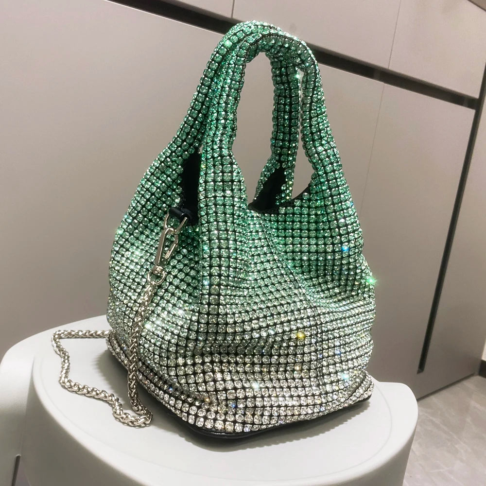 Shiny Crystal Bucket Bag | Luxury Designer Evening Clutch Luxegan