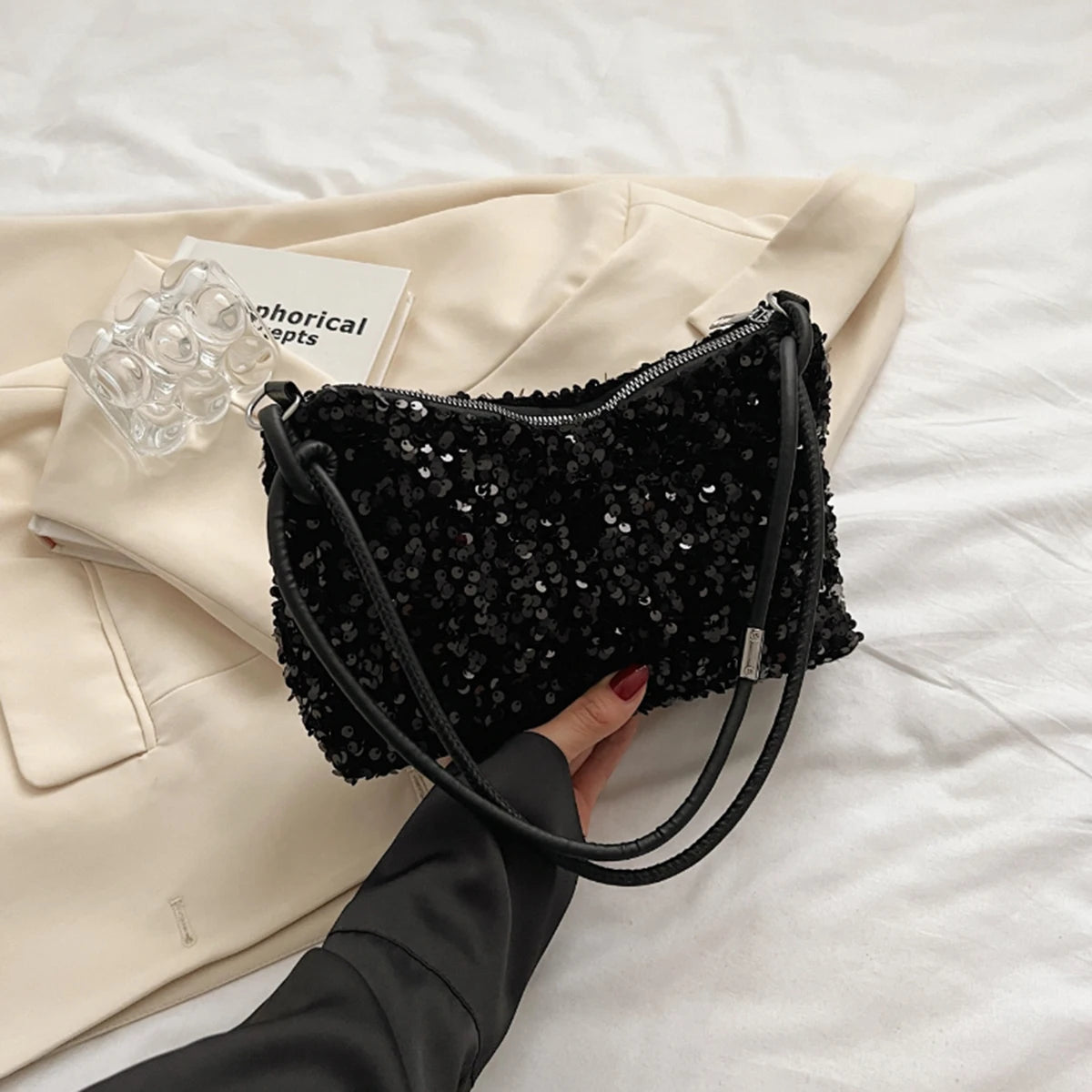 Black Spice Glitter Underarm Bag | Sophisticated Casual Chic Crossbody | Elegant Sparkling Shoulder Handbag | "Dignified" Soft Square Purse for One-Outfit Perfection Luxegan