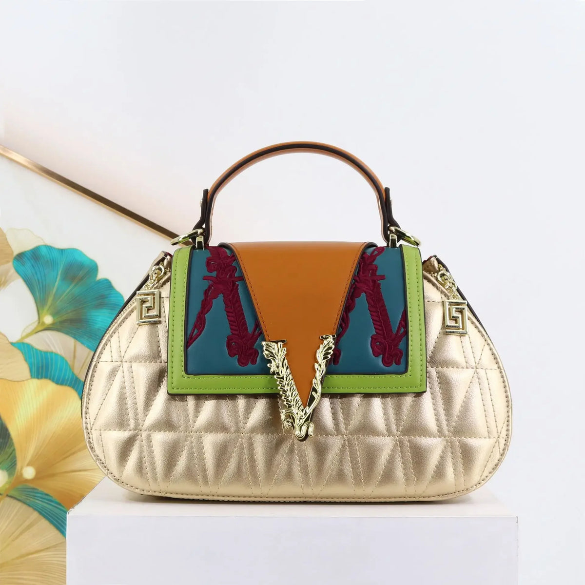 Luxury V-Signature Shell Handbag | Elegant Embroidery & Diamond Encrusted Crossbody | Premium PU Leather Ladies Shoulder Bag with Contrasting Thread Detail (Model 3454645645) Luxegan