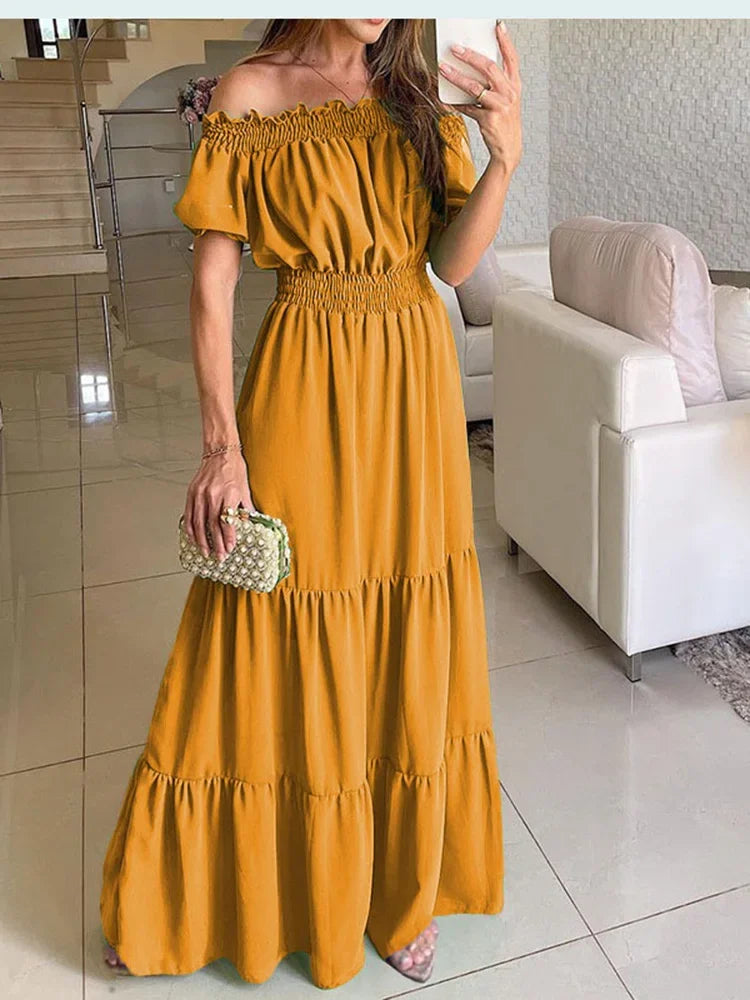 Solid Bohemian Slash Neck Short Sleeve Loose A-Line Ankle-Length Dress – Slight-Stretch Polyester-Elastane Blend, Natural Waist, Summer Luxegan