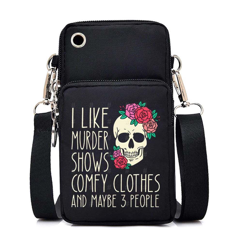 "Dead Inside But Love Cats" Shoulder Bag | Sophisticated Funny Vintage Skeleton Purse | Elegant Cartoon-Print Mobile Phone Bag | "Dignified" Soft Nylon Mini-Handbag for Versatile Casual Styling Luxegan
