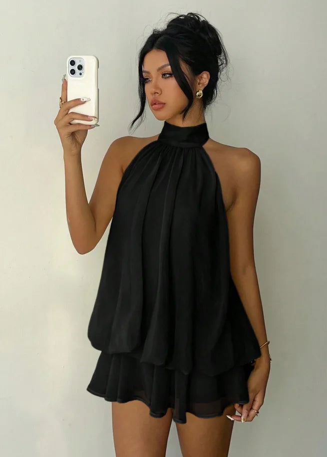 Women's Backless Halter Tie Waist Mini Dress Luxegan