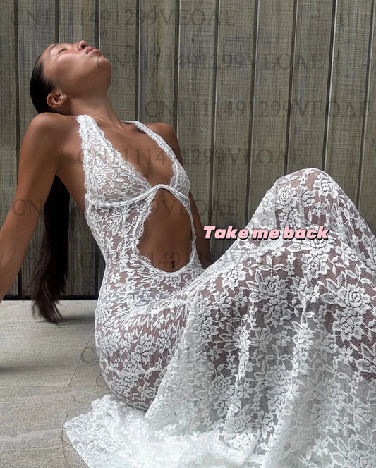 Halter Neck Hollow Out Lace Backless Mermaid Maxi Dress | Sleeveless Off-Shoulder Vacation Beach Gown Luxegan