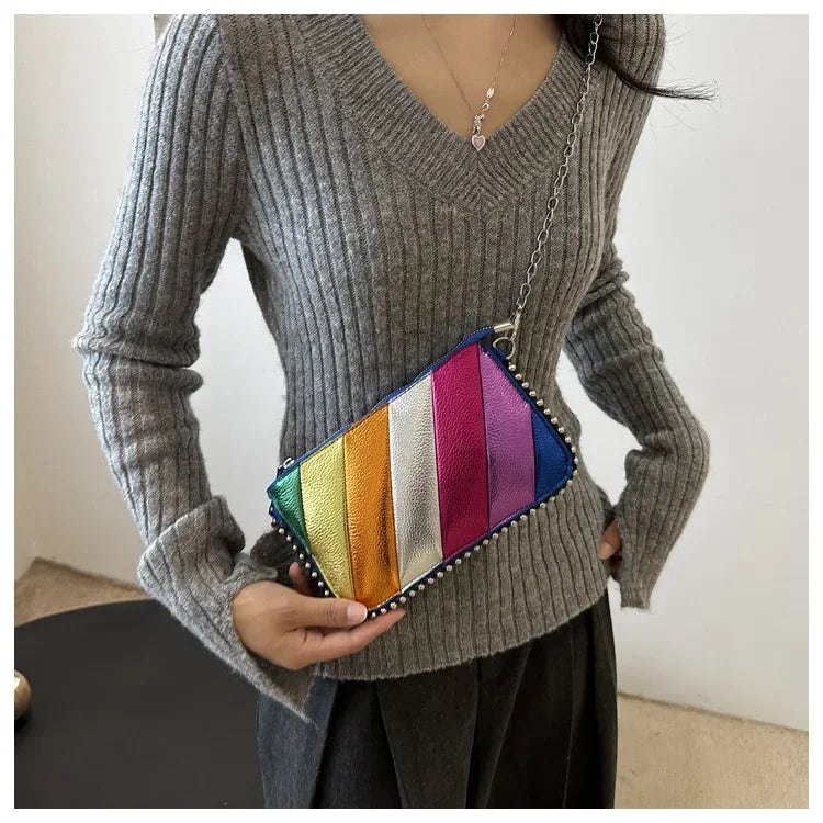 Designer Rainbow Splice Crossbody Bag | Fashion Trend Colorful Rivet Shoulder Bag | Women’s Luxury Twill Flap Chain Handbag Luxegan