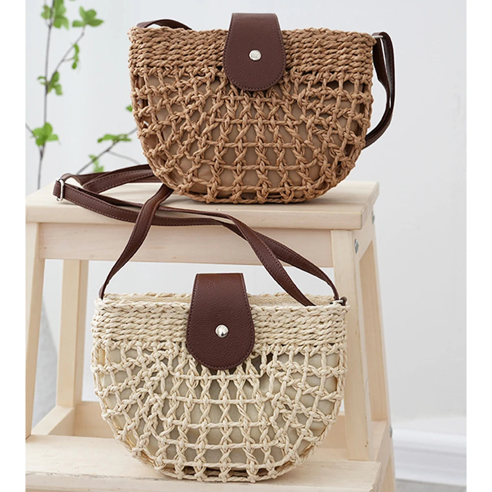 Straw Woven Saddle Bag | Vintage Semi-Circle Crossbody Purse Luxegan