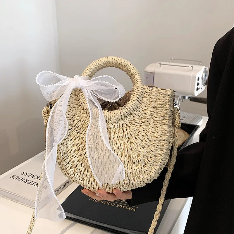Hand-Woven Circular Straw Tote | Sophisticated Bohemian Rattan Purse | Elegant Floral-Accent Beach Bag | "Dignified" Soft Wicker Handbag for Versatile Summer Styling Luxegan