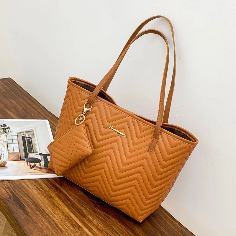 Fashion Large Capacity Wavy-Grain Tote Bag | Elegant Two-Piece Commuter Handbag | Luxury "Dignified" Structured Shoulder Bag | Versatile PU Leather Tote with Secure Zipper Closure Luxegan