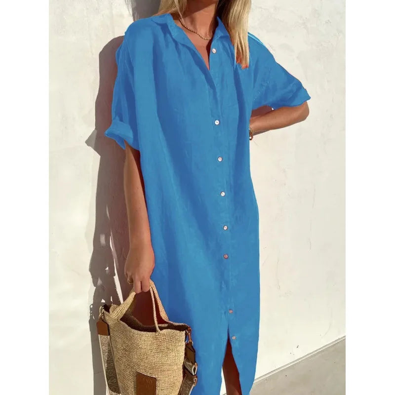 Women's Solid Short-Sleeve Summer Shirt Dress | Single-Breasted Button-Down Cardigan Maxi | Loose-Fit A-Line Mid-Calf Casual Vacation Skirt Luxegan