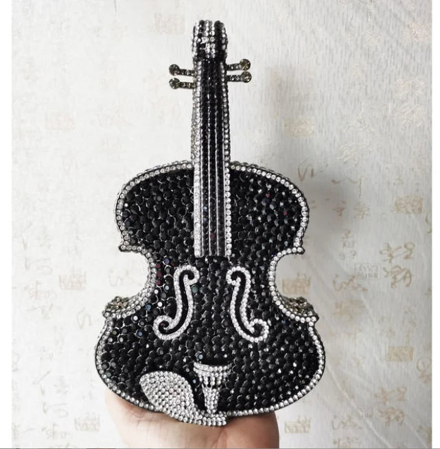 Luxury Violin-Shaped Crystal Evening Clutch | Sophisticated Rhinestone-Encrusted Dinner Purse | Elegant Bridal Handbag with Genuine Leather Lining | "Dignified" Structured Minaudière for High-Fashion Events Luxegan