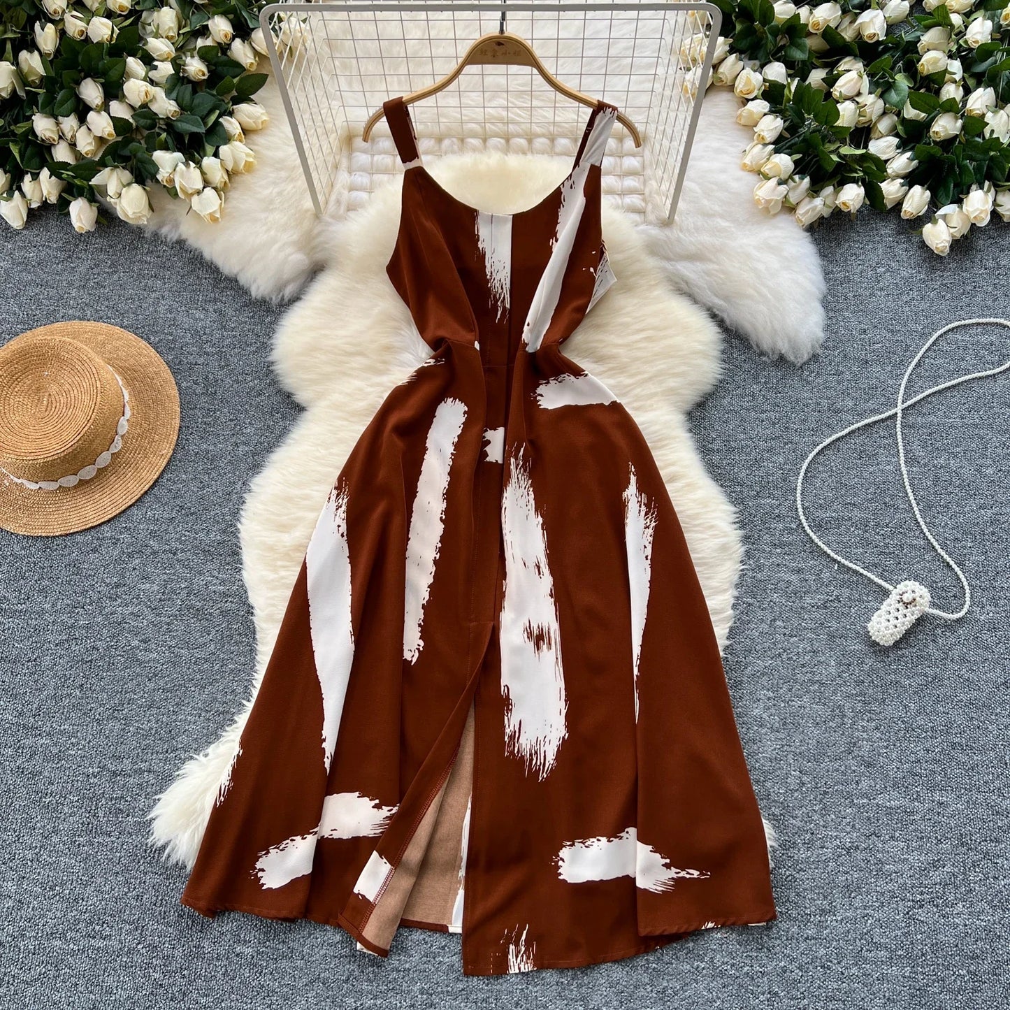Women's Elegant Summer Print Midi Sundress | Sweet O-Neck Backless Vacation Beach Dress | High Waist Split Regular Fit Camisole Gown | Premium Tatting A-Line Spaghetti Strap Luxegan