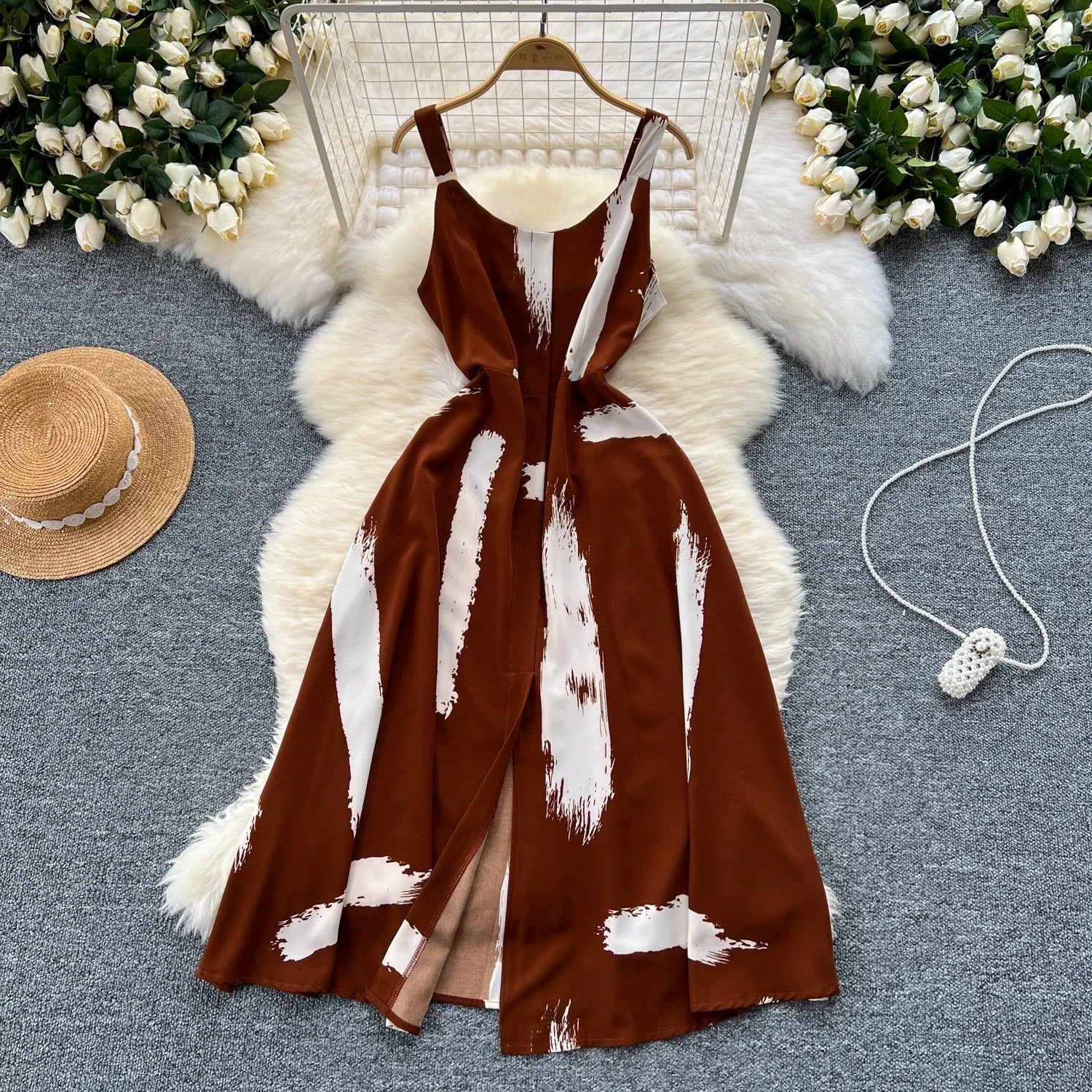 Women's Elegant Summer Print Midi Sundress | Sweet O-Neck Backless Vacation Beach Dress | High Waist Split Regular Fit Camisole Gown | Premium Tatting A-Line Spaghetti Strap Luxegan