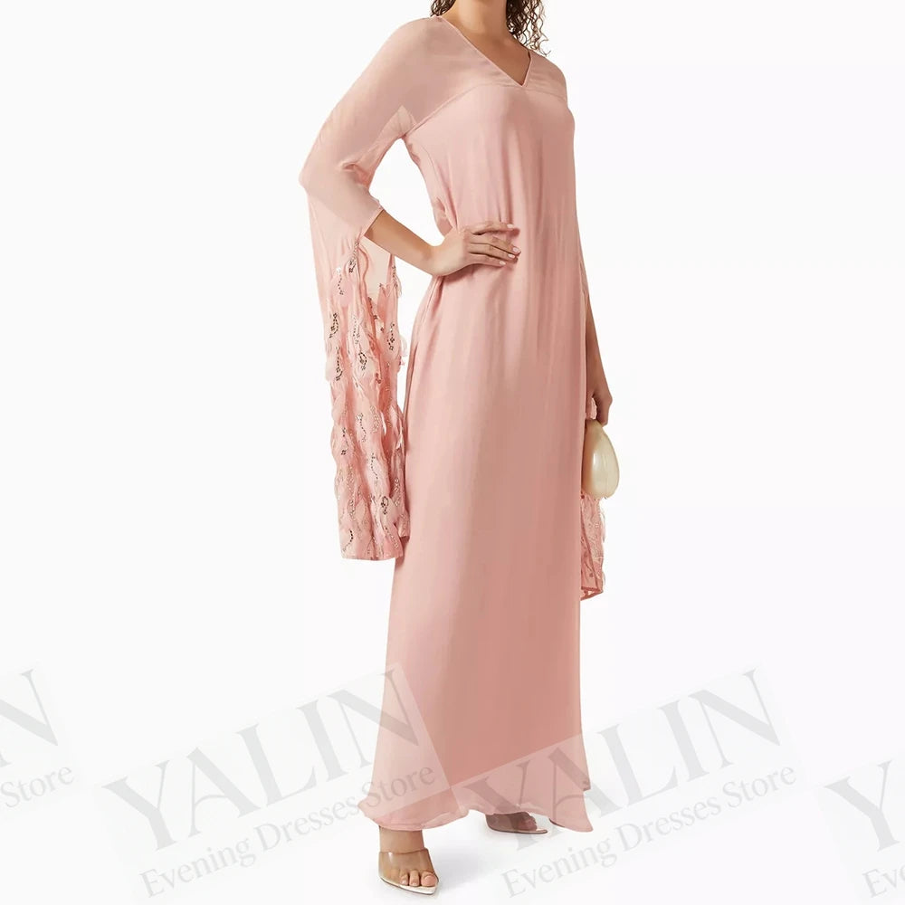 Feather Sequined A-Line Prom Dress | V-Neck Full Sleeve Ankle-Length Evening Gown Luxegan