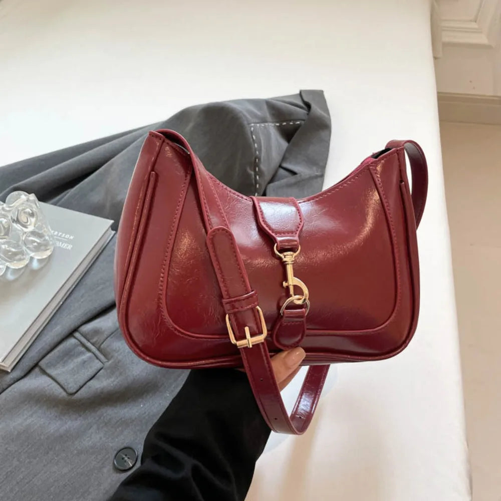 Elegant Patent Leather Shoulder Bag | Large Capacity Retro Armpit Bag | Smooth Solid Color Belt Buckle Clutch Handbag Luxegan