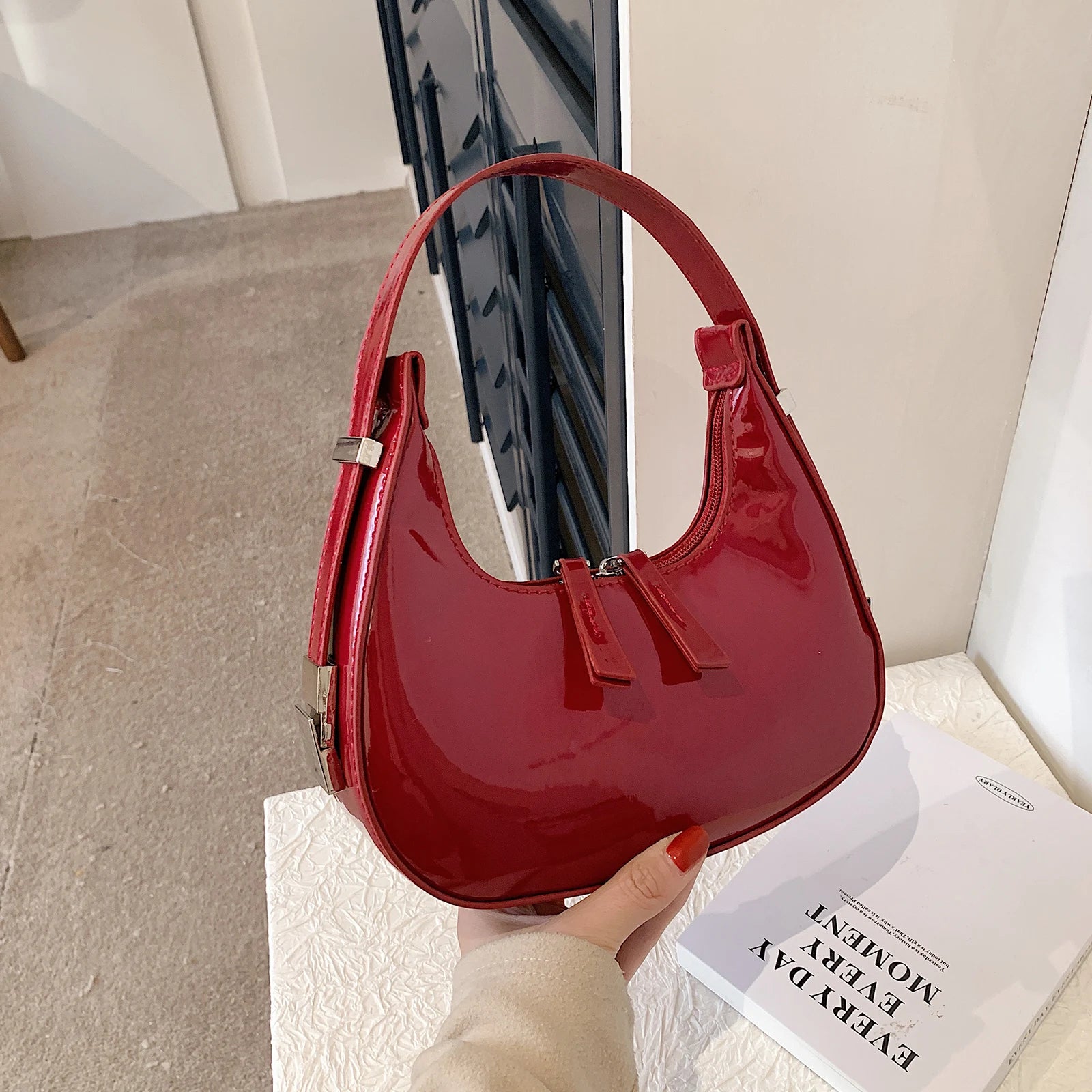 Half Moon Bag Vintage PU Leather Small Handbag | Luxury Brands Women's Shoulder Bags & Retro Red Ladies Armpit Purses (Girls Mini Totes) Luxegan