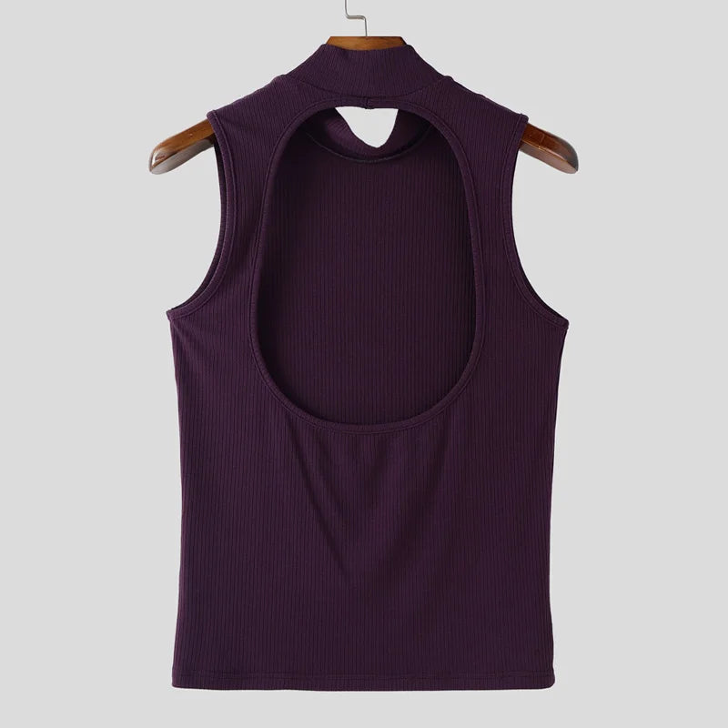 INCERUN Men Tank Tops Knitted Solid Color Turtleneck Sleeveless Male Vests Streetwear Hollow Out Backless Fashion Men Clothing
