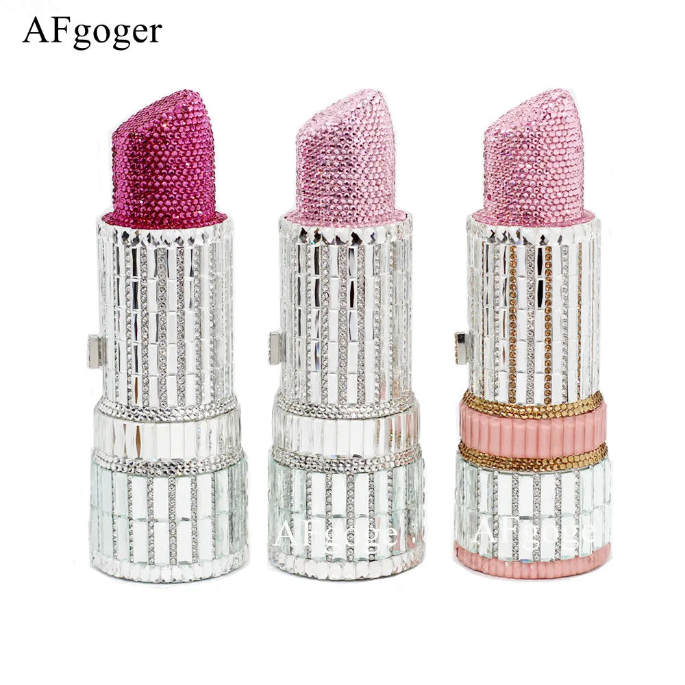 Red Lipstick Crystal Clutch Wallet | Sophisticated Novelty Fashion Evening Bag | Elegant Rhinestone Party & Dinner Handbag | "Dignified" Hard-Shell Barrel Purse with Metallic Finish Luxegan