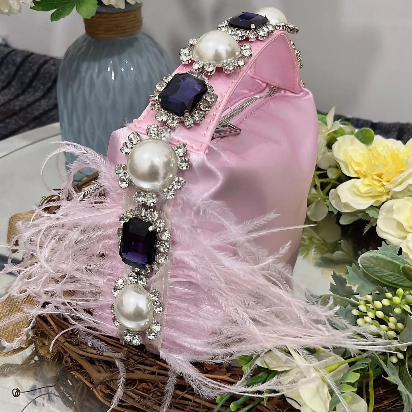 Luxury Feather & Pearl Evening Clutch | Designer Satin Wedding Purse with Diamond Decoration | Fashionable Sparkling Square Party Tote | Elegant White Satin Flap Handbag Luxegan