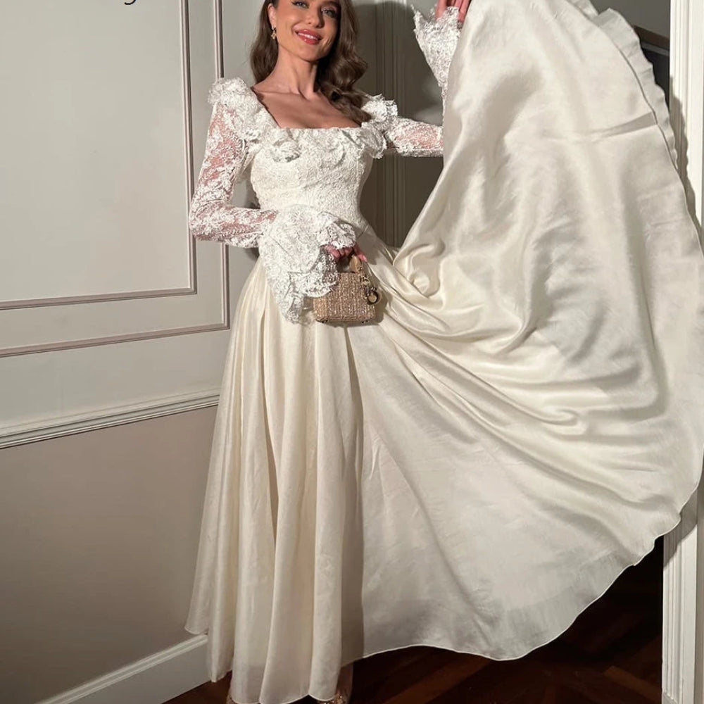 Lace Draped A-Line Prom Dress | Square Collar Full Sleeve Ankle-Length Evening Gown Luxegan
