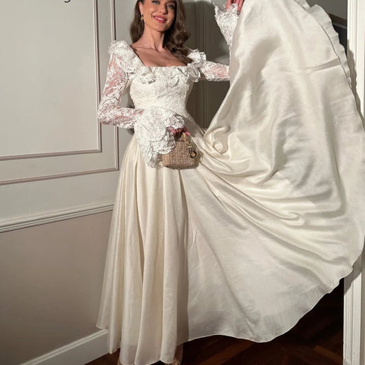 Lace Draped A-Line Prom Dress | Square Collar Full Sleeve Ankle-Length Evening Gown Luxegan