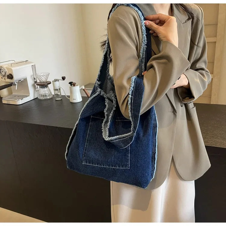 Custom Logo Printing Denim Tote Bag | High-Quality Student Style Leisure Handbag | Unisex Cartoon Pattern Canvas-Lined Crossbody Bag (Model 3138) Luxegan