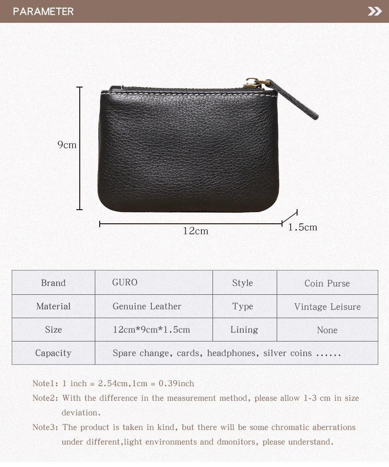 GURO Mini Monedero de Cuero Genuino de Lujo para Hombre, Cartera Corta con Cremallera, Pequeño Estuche de Cuero Vacuno para Mujer, Tarjetero, Bolsas Cuadradas Diarias para Llaves