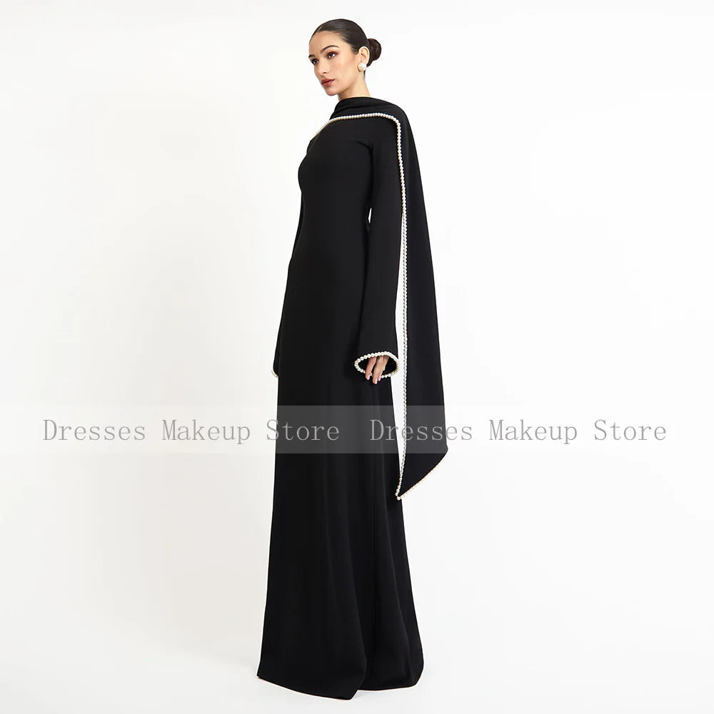 Customized Wedding Party Dress Black A Line Pearl Long Sleeves O Neck Evening Gown Long Shawl Saudi Arabian Formal Evening Dress
