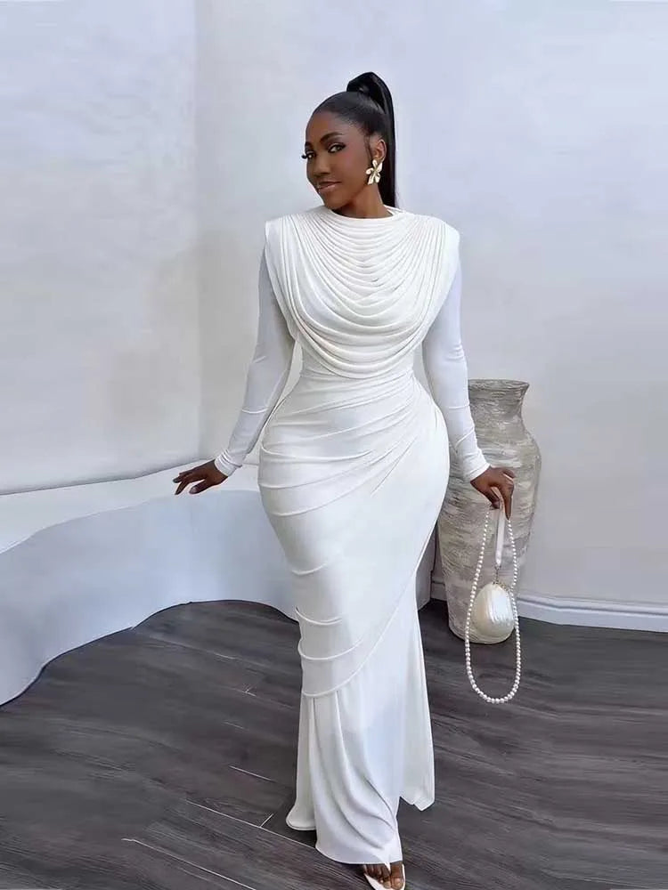 Solid Round Neck Long Sleeve Draped Detail Regular Fit Sheath Ankle-Length Mesh Dress – Natural Waist, Spring/Summer Luxegan