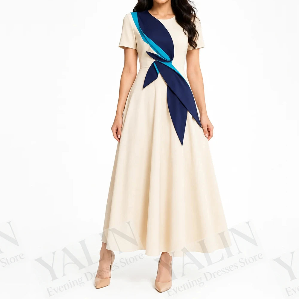 Ruched Draped A-Line Prom Dress | O-Neck Short Sleeve Tea-Length Evening Gown Luxegan