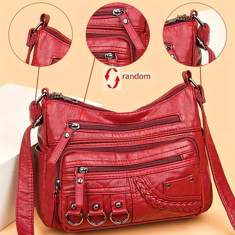 Vintage PU Leather Crossbody Bag | Retro Multi-Layer Shoulder Bag for Women | Sophisticated Classic Fashion Handbag & Purse | Elegant Work & Travel Messenger Bag with "Dignified" Letter Detail Luxegan