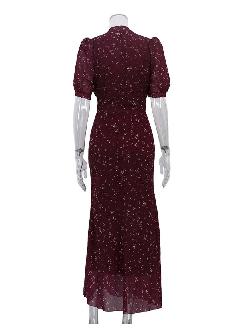  Hollow-Out Print Floor-Length Dress | O-Neck Short Sleeve High Waist Maxi Dress Luxegan