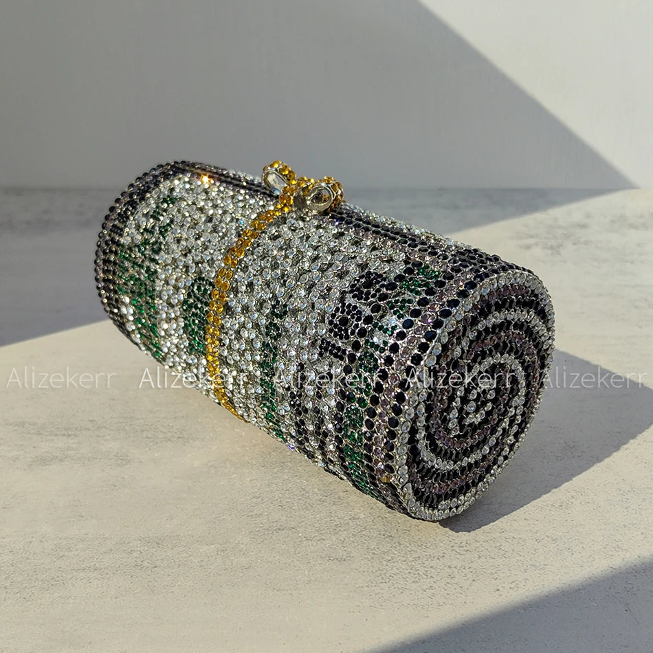Shaped Crystal Luxury Evening Bag | Sophisticated Gorgeous Novelty Diamond Clutch | Elegant Barrel-Shaped Metallic Purse | "Dignified" Hard Shell Statement Accessory for Formal Party Styling Luxegan