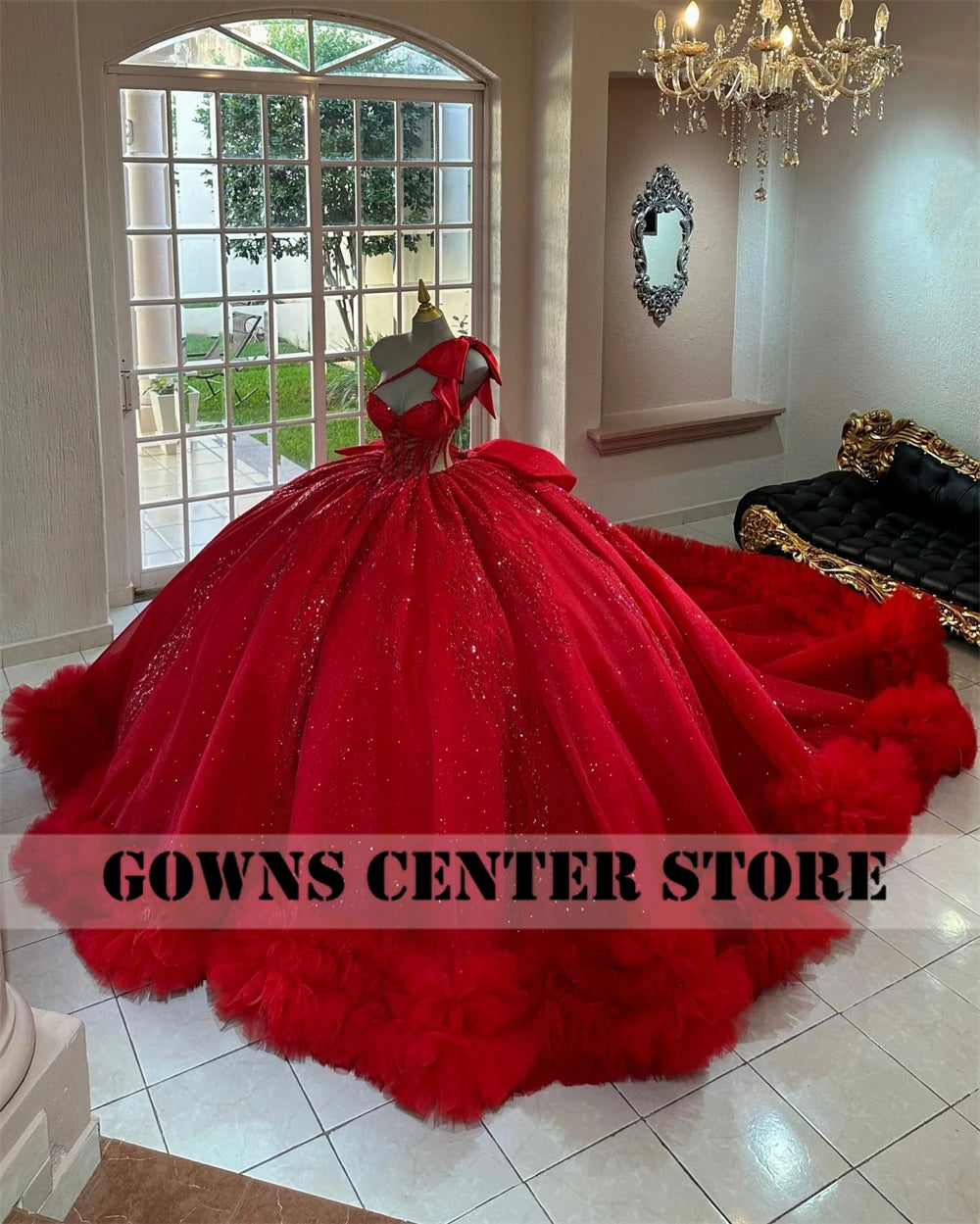 Red Puff Ruched Train Ball Gown Quinceanera Dress With Bow One Shoulder Beaded Appliques Sweet 15 Vestidos De 15 Años Customized