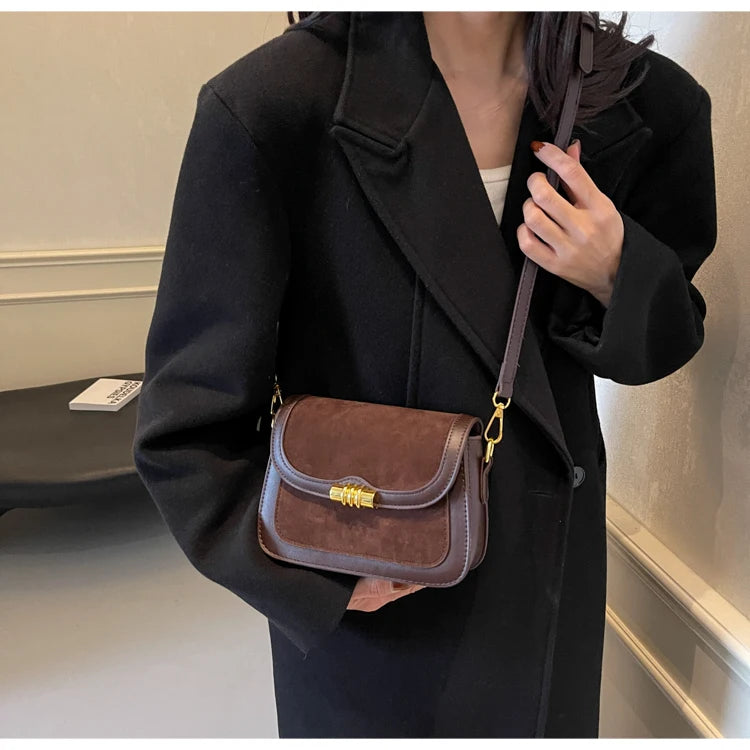 High-Quality Burgundy Retro Frosted PU Splicing Crossbody Bag Luxegan