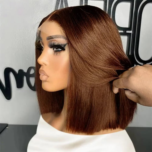 16-Inch Chocolate Brown Straight Bob Wig | Sophisticated 13x4 & 4x4 HD Transparent Lace | Elegant "Short Bob" Silhouette | "Dignified" Pre-Plucked Vietnamese Remy Human Hair for Radiant Versatile Styling Luxegan
