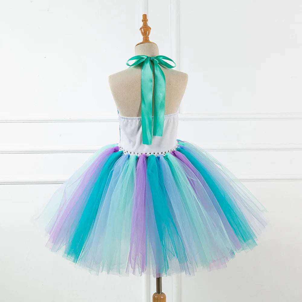 Kids Girls Cosplay Party Dress Princess Dress Up Mermaid Tulle Tutu Dresses Theme Birthday Party Costume with Flower Headband