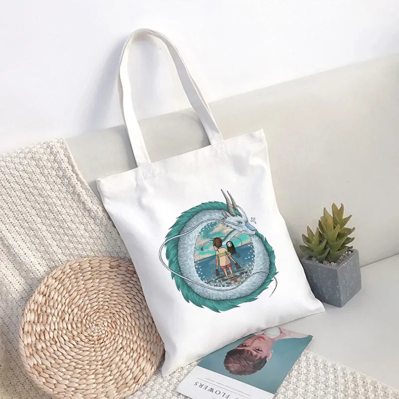 Spirited Away Faceless Anime Cartoon Large Capacity Canvas Shoulder Bag | Women's Casual Tote Kids Student Handbag Shopping Bags Luxegan