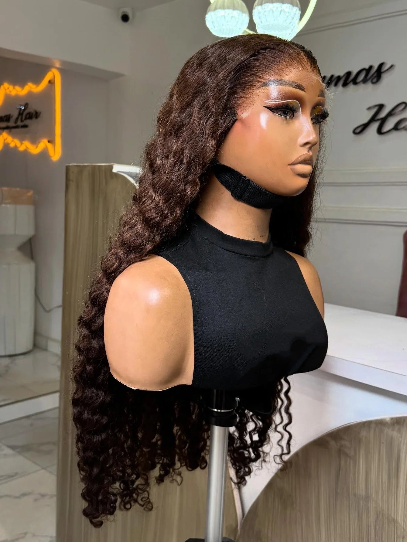 32 & 34-Inch Chocolate Brown Deep Wave HD Lace Wig | Sophisticated 200% Density 13x4 Transparent Frontal | Elegant "Brazilian Remy" Silhouette | "Dignified" Pre-Plucked Curly Human Hair for Radiant Versatile Styling Luxegan