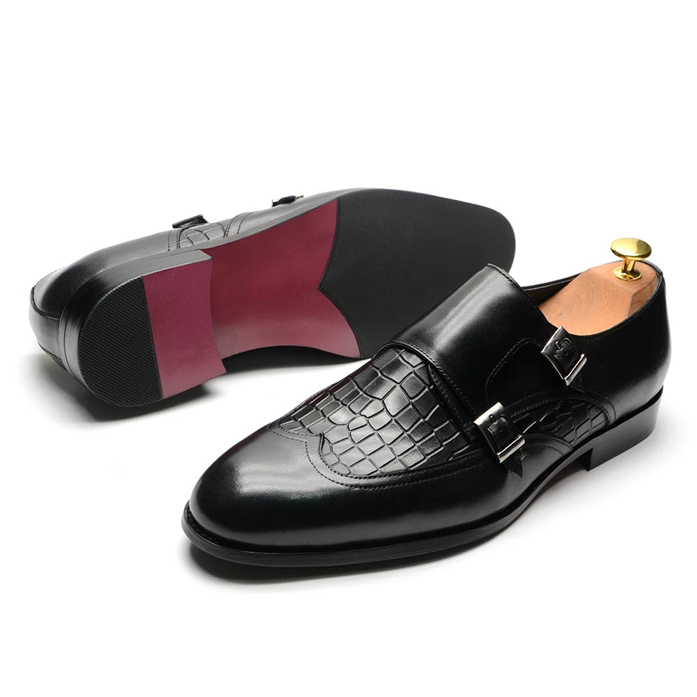 Elegant Men's Genuine Leather Monk Strap Shoes | Stone Pattern Print Double Buckle & Cap Toe (Business, Party, Social) Luxegan