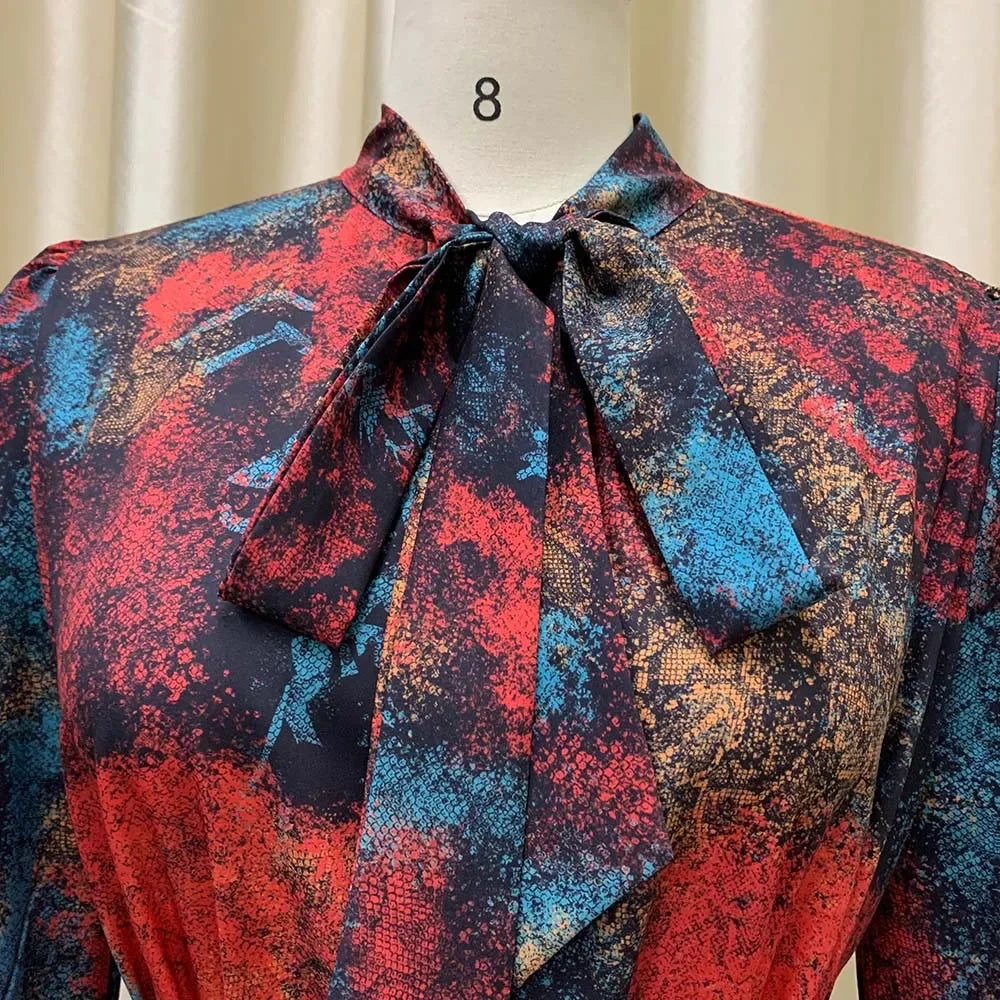 Elegant Vintage Dresses for Women Bow Collar Full Sleeve Belt Waisted A Line Mid Calf Birthday Party Dinner Vestidos Mujer Dress