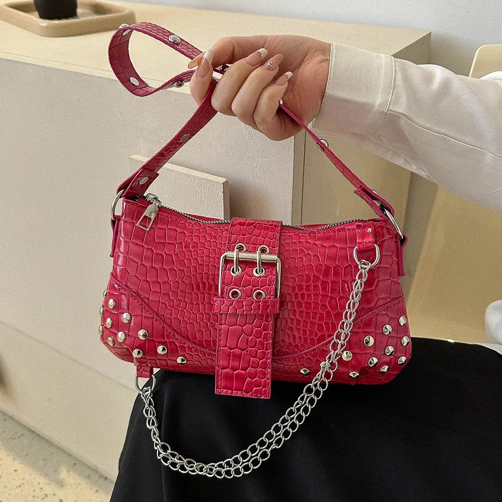 Fashion Women's Y2K Armpit Bag | Luxury Design Pleated Underarm Bag (Solid Color Shoulder Messenger Hobo Handbag with Chains & Rivets) Luxegan