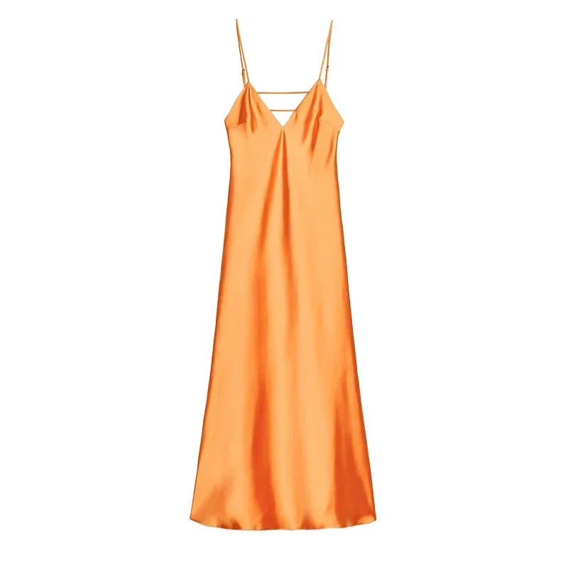 Yellow Satin Sling Maxi Dress for Women | Elegant V-Neck Sleeveless Backless Summer Evening Gown | Premium High-Waist Loose Silhouette Party Robe | Model Yellow Elegant Stain Regular Fit Ankle-Length Luxegan