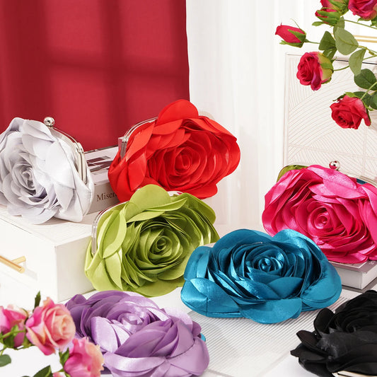 Luxury Flower Bride Evening Clutch Purse | Embroidered Ruched Floral Party Handbag | Premium Satin-Lined Wedding Wallet | Elegant Minaudiere Chain Shoulder Bag Model EB034 Luxegan