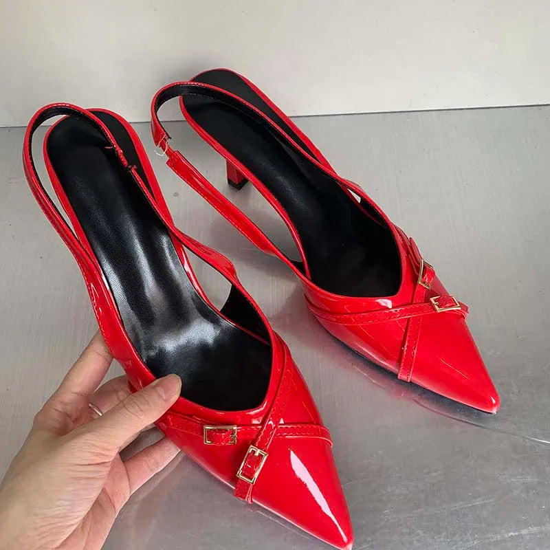 Red Fashion Slingback Heels | Sophisticated 5cm–8cm Thin High Heels | Elegant "Red Solid PU" Silhouette | "Dignified" Round Toe Buckle Strap Pumps for Radiant Versatile Styling Luxegan
