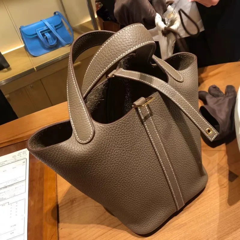Stylish Bucket Shopping Tote Bag for Women | Soft PU Litchi Pattern Handbag with Lock & Small Horse Scarf (Classic, Versatile) Luxegan