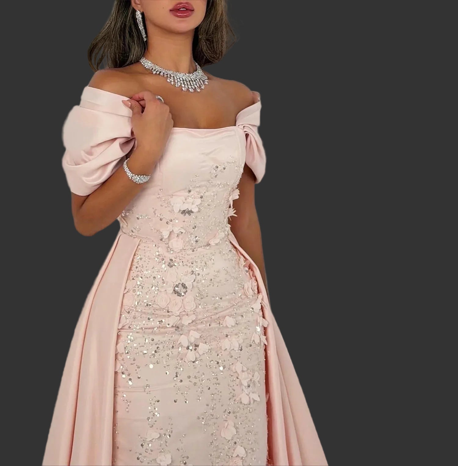 Elegant Pink Off-the-Shoulder Evening Dress | Luxury 3D Flowers Satin Prom Dress | Premium Mermaid Floor-Length Wedding Guest Dress | Classic Strapless Built-In Bra Special Occasion Gown Luxegan