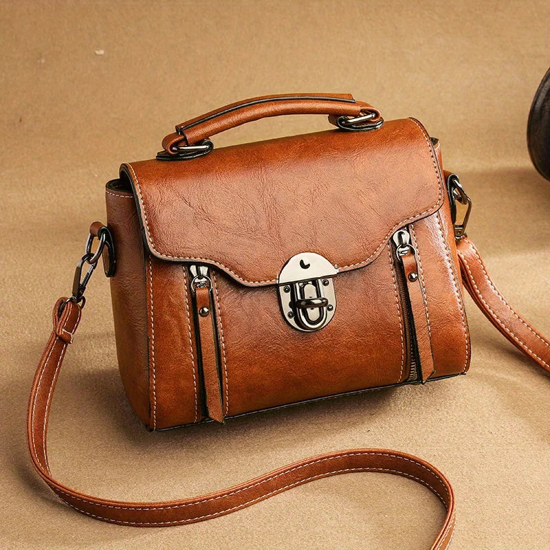 Vintage Turn-Lock Square Satchel Bag for Women | Classic PU Leather Shoulder & Crossbody Handbag (Everyday Tote, Secure Travel Purse) Luxegan