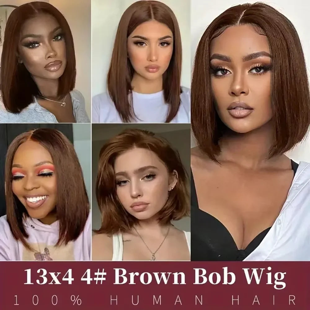14-Inch #4 Chocolate Brown Straight Bob Wig | Sophisticated 13x4 HD Transparent Lace Frontal | Elegant "Natural Hairline" Silhouette | "Dignified" Glueless Brazilian Remy Human Hair for Radiant Versatile Styling Luxegan