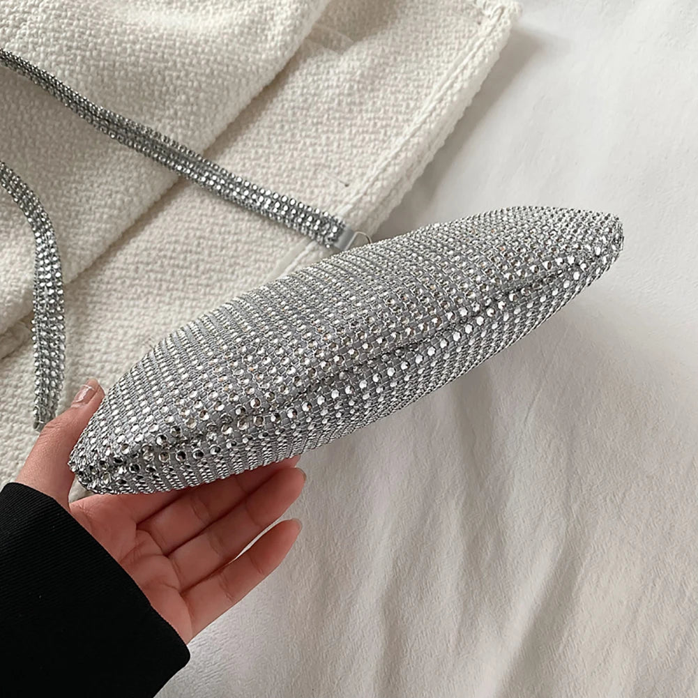 Bling Rhinestone Evening Clutch Bag | Women's Korean Designer Diamond Chain Dinner Party Handbag (Lady Square Tote Shoulder Bag) Luxegan