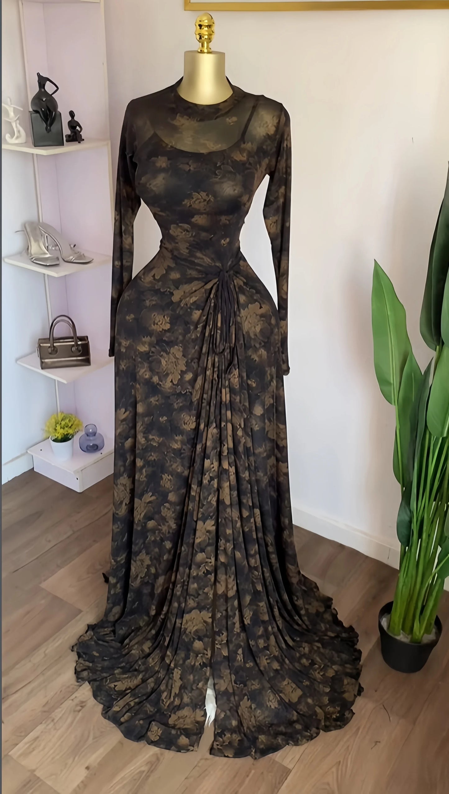 Floral Mesh Swing Maxi Dress | O-Neck Long Sleeve High Split A-Line Elegant Dress Luxegan